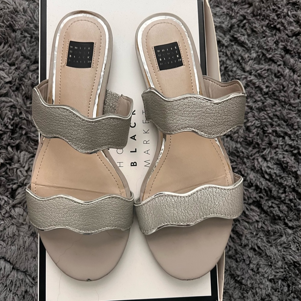 White House Black Market Silver Sandals Minimalist Design